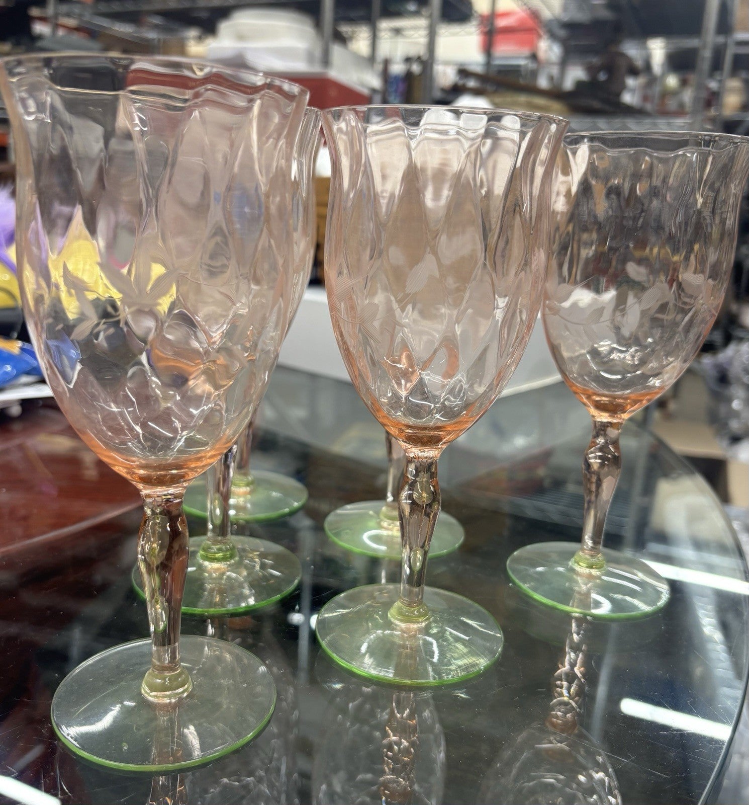Vintage Pink And Green Tiffin Glass Etched Stemmed Uranium Wine Glasses Set Of 6