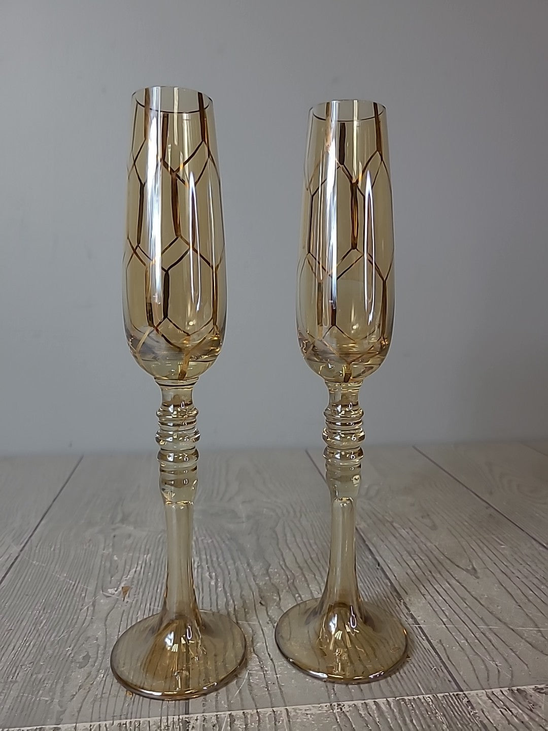 Amber and Gold Pair of Footed Champagne Flutes