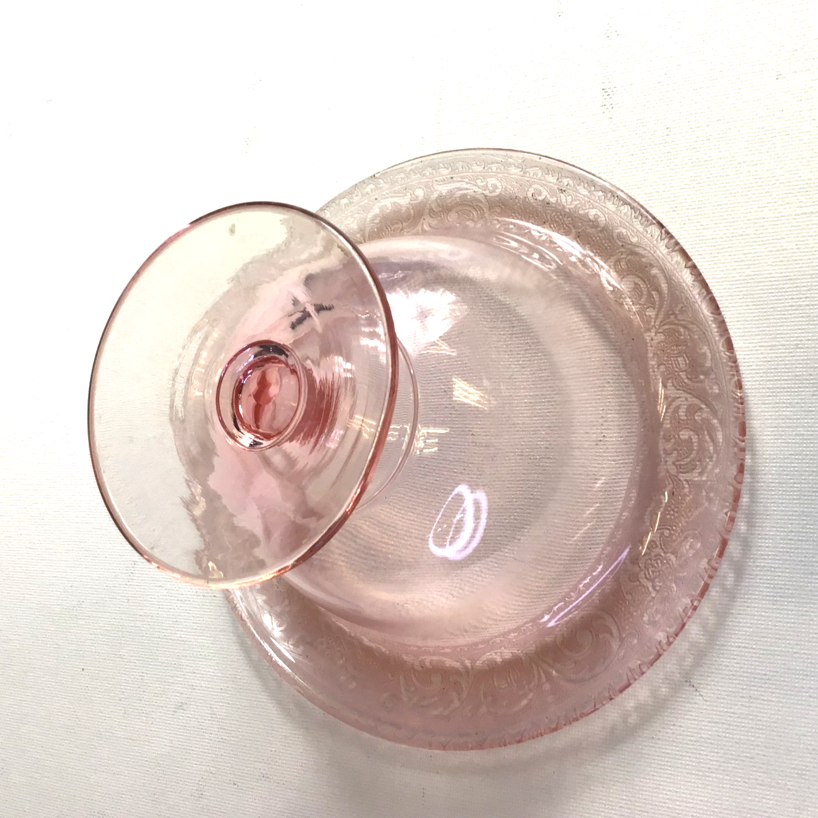 Vintage Pink Depression Glass Bowl on Pedestal with Delicate Etched Rim