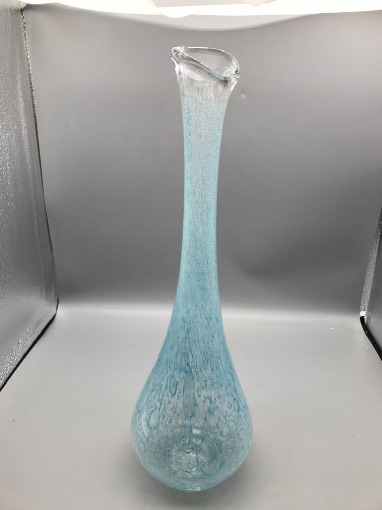 Tall French Hand Blown Bubbled Carafe in Light Blue Color Made in Canada