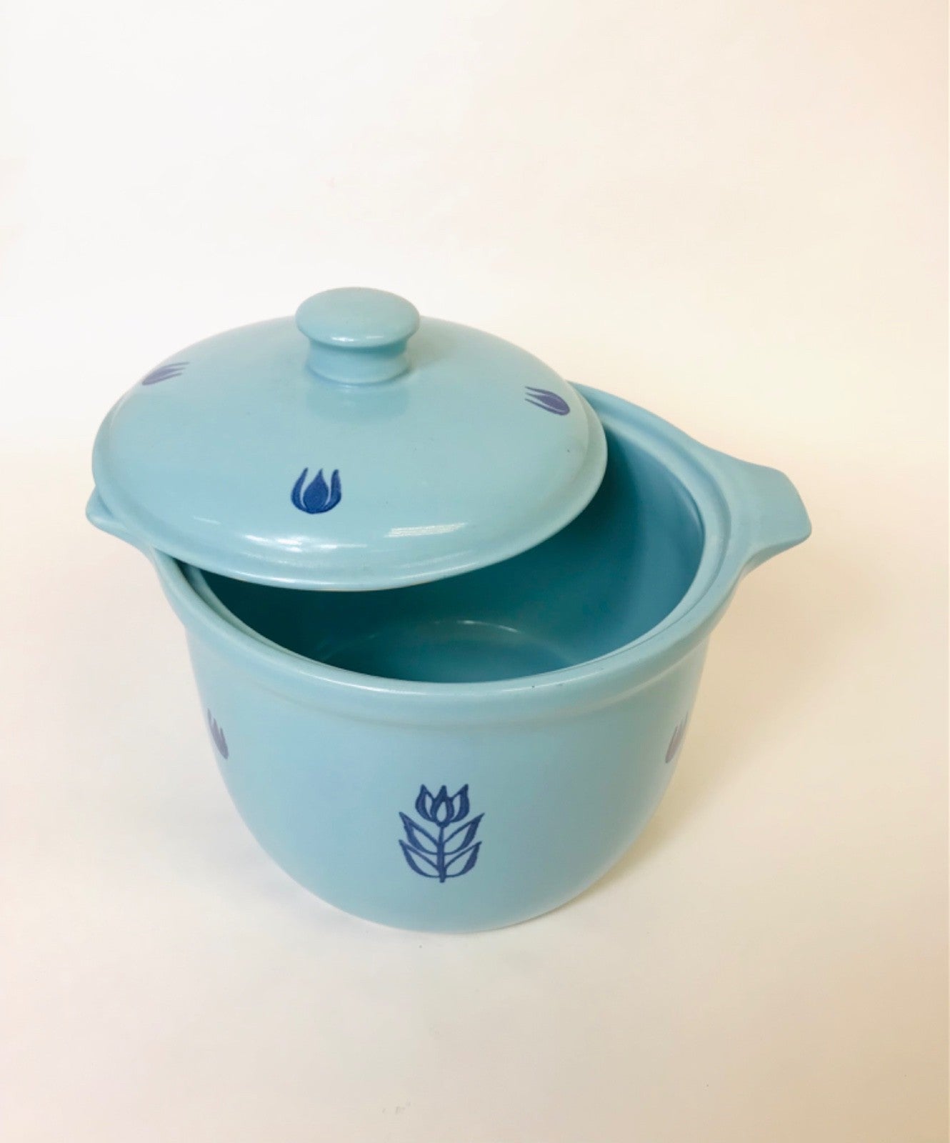 Cronin Pottery Blue Dutch Oven Bean Pot Featuring Blue Tulip Pattern with Lid