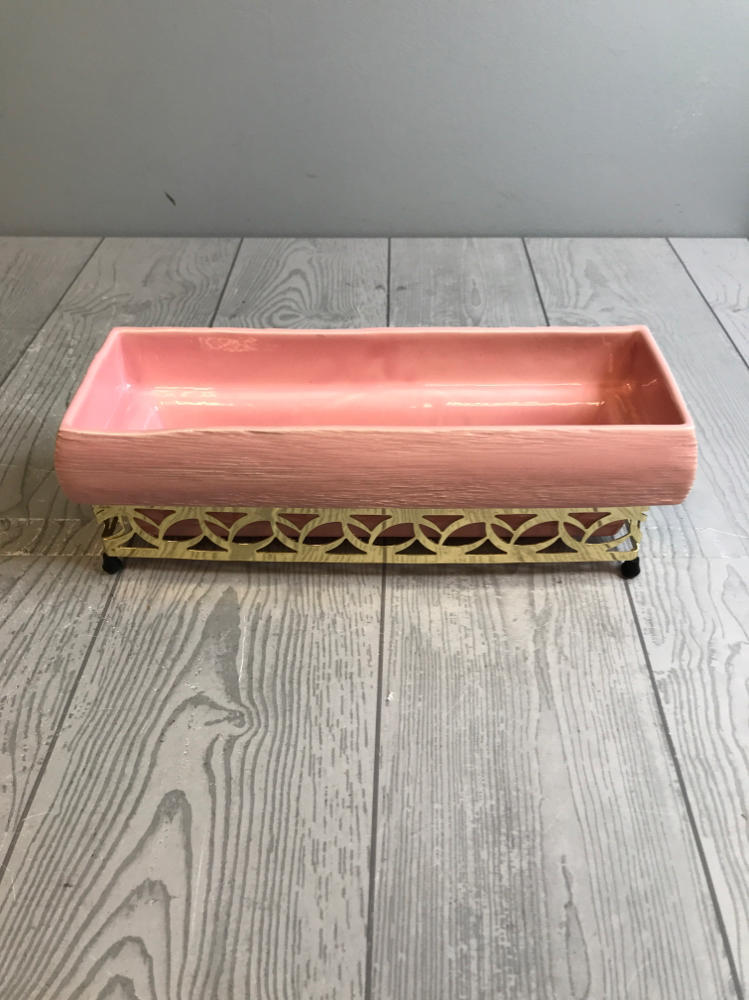 1955 Stamped Miramar California Pottery Planter No: 285 Gold Metal Basket Stand
