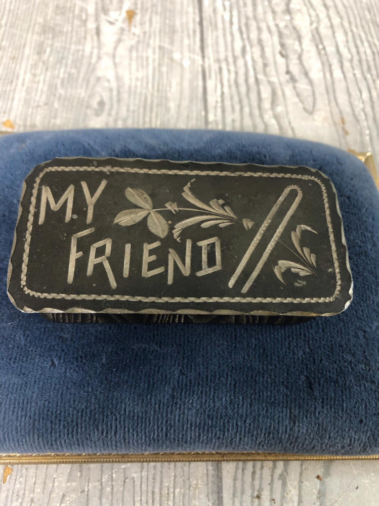 Antique Hair PIn Box My Friend Inscription Etched in Dark Metal Floral Design