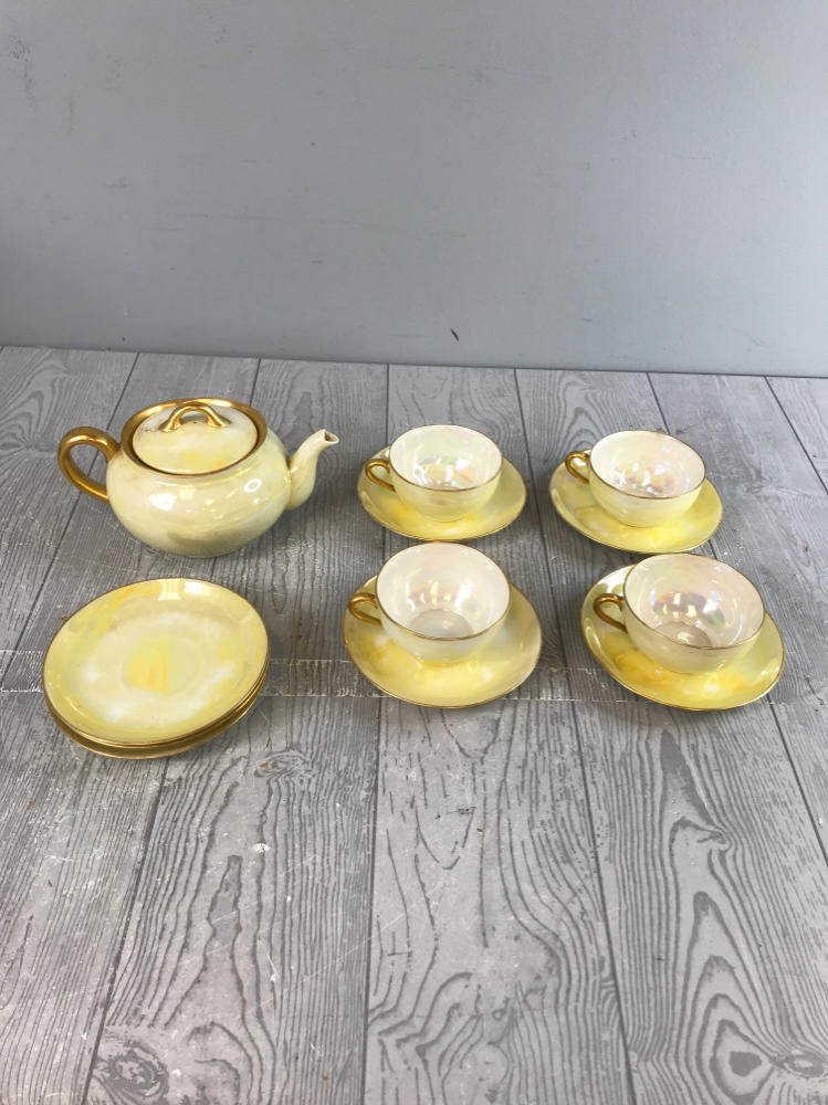 Set of 12 Yellow & White Iridescent Tea Set - 7 Saucers, 4 Cups, 1 Tea Pot
