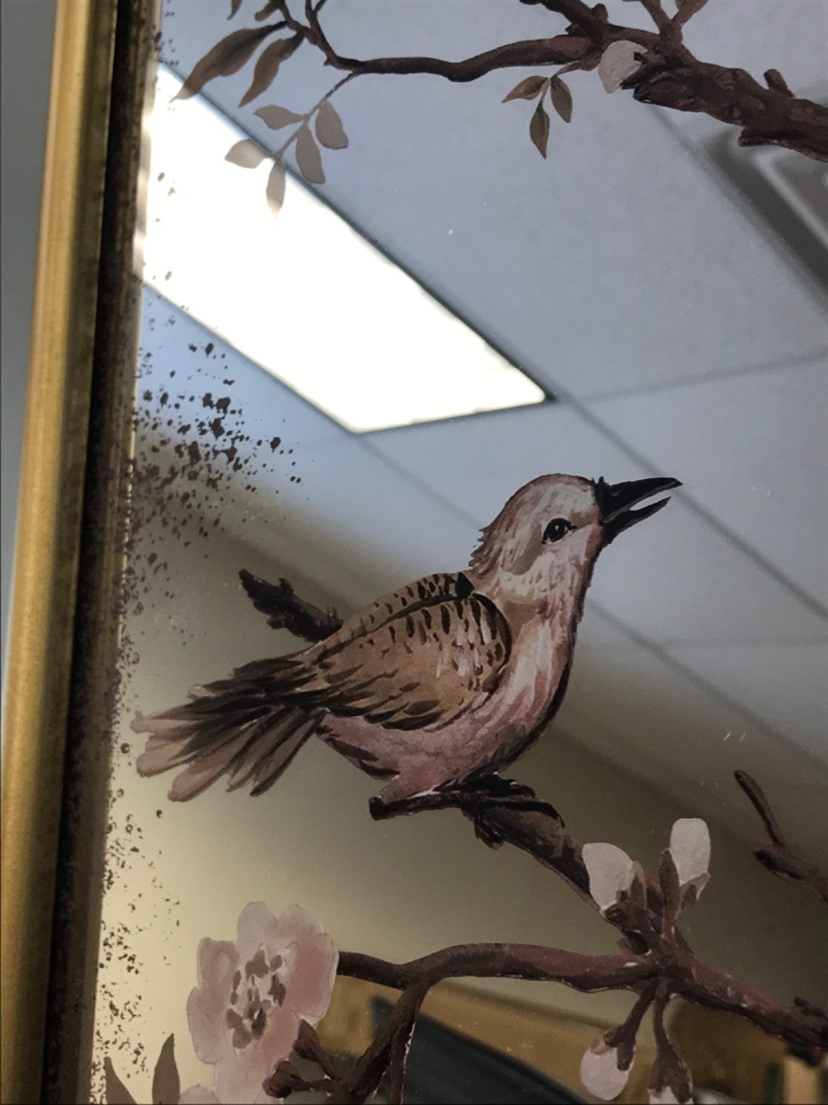 Kirkland's Home Large Gold Trim Mirror- Floral Painting with Birds 30"L x 42.5"H