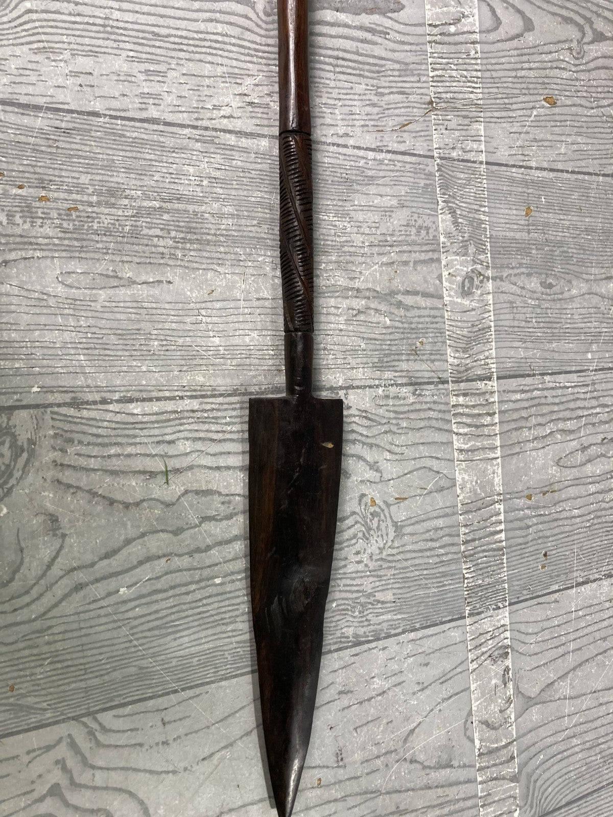 Decorative Hand Carved Wooden Spear with an Elephant on the Handle Side