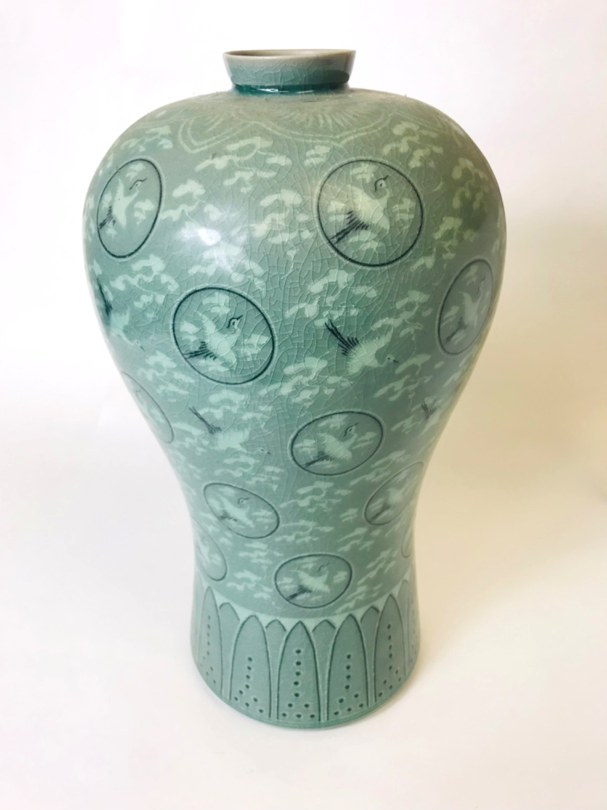 Korean Celadon Vase Featuring Inlaid Crane and Cloud Motifs 15" Tall- Blue Green