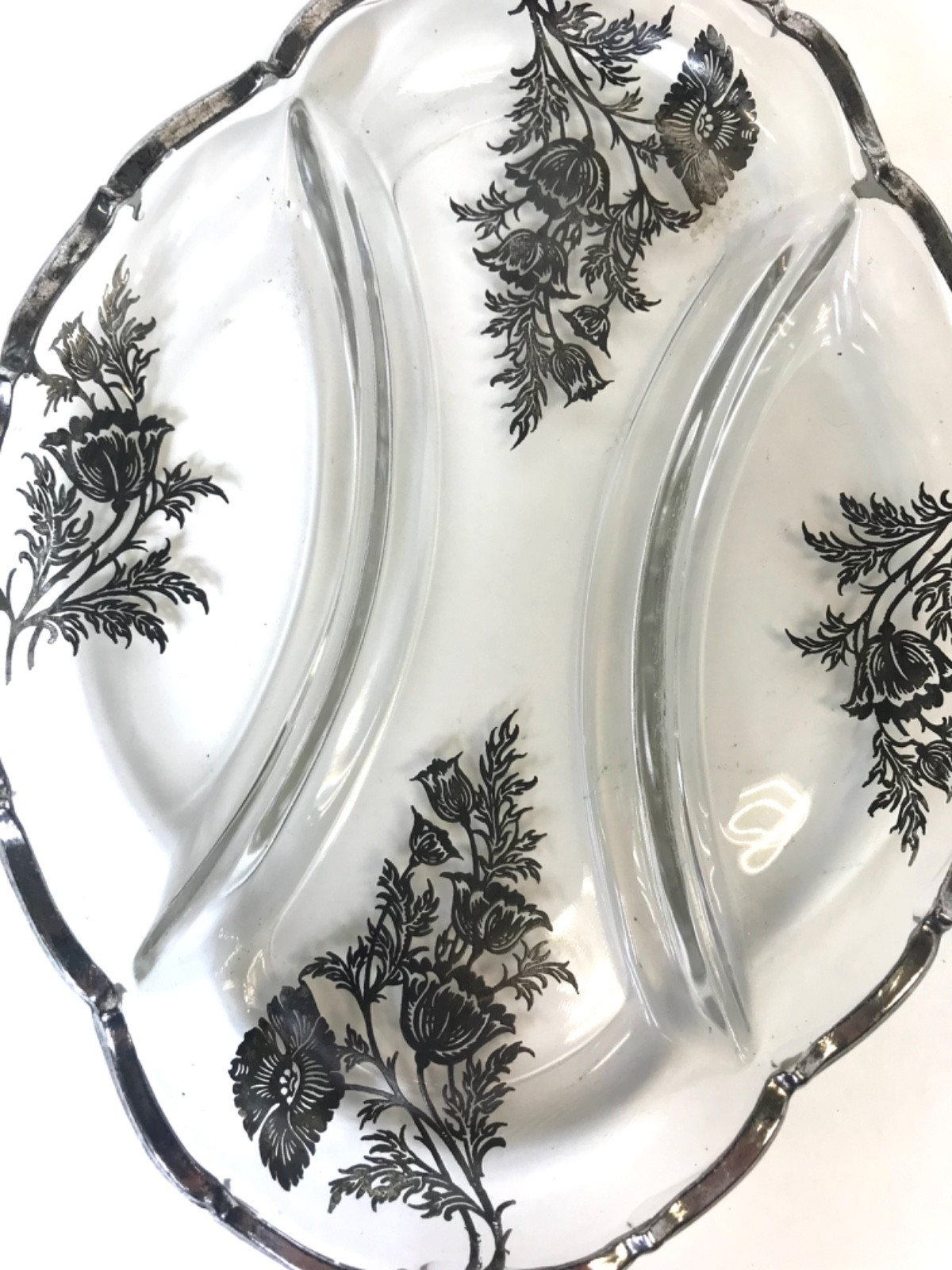 Silver City Glass Company Divided Relish Dish featuring Sterling Silver Overlay