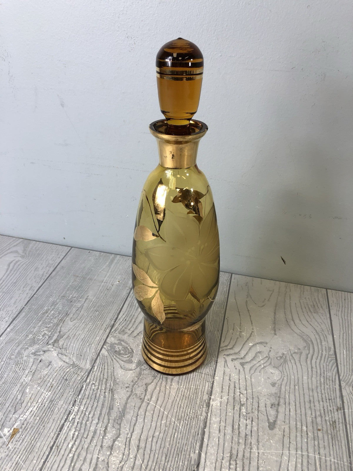 Beautiful Czech Bohemian Cut Amber Crystal Glass Etched Flower Decanter
