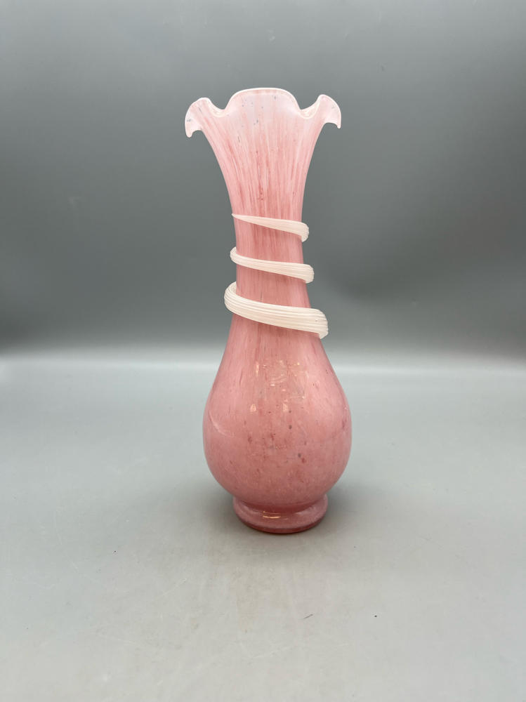 Vtg. Pink Handcrafted Murano Glass Vase Applied White Spiral Twist Shell Detail