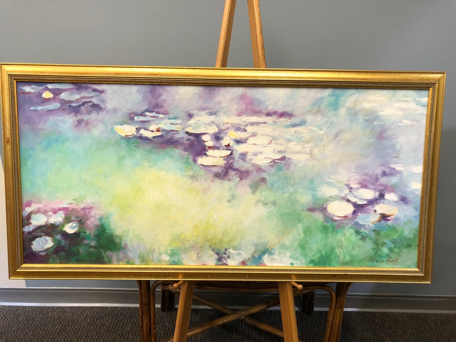 Framed Art Painting of Claude Monet Water Lilles Replica - Signed - Gold Frame
