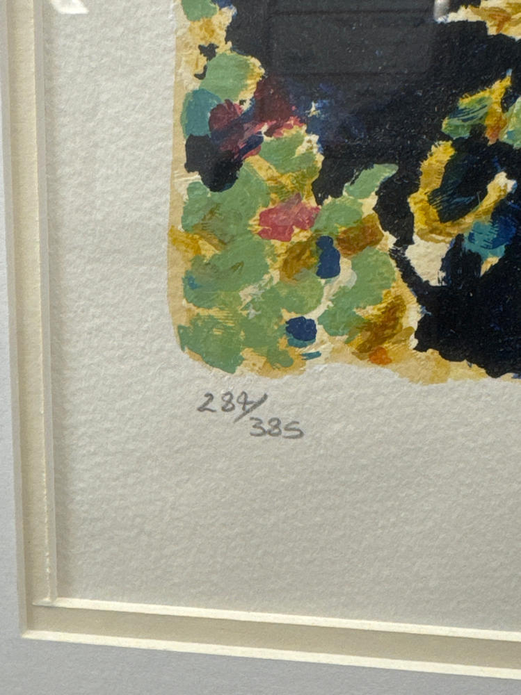 Signed Hazel Soan Terrace View 3 Sea Serigraph Painting in Gold Frame
