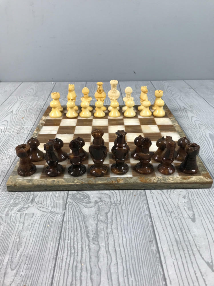 Beautiful Vintage Carved Genuine Stone Marble Chess Pieces and Board - Decor