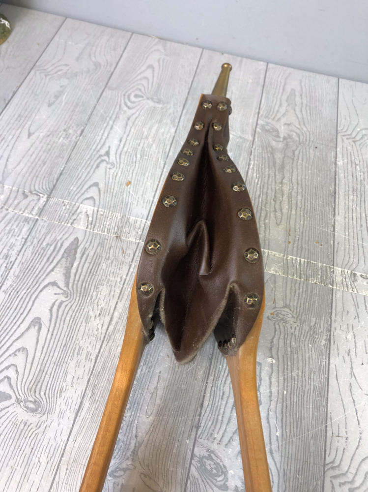 UNIQUE!!! Antique Fireplace Bellows Wood & Leather Work Fold Art Engraved Rams