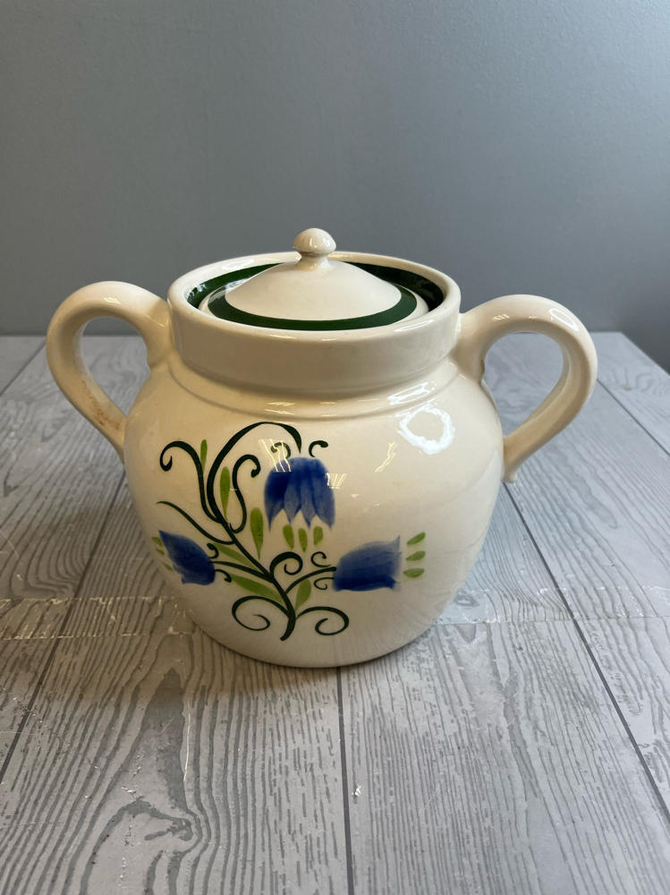 Vintage Stangl Pottery Blue Tulip Lidded Bean Pot Cookie Jar Hand Painted Design