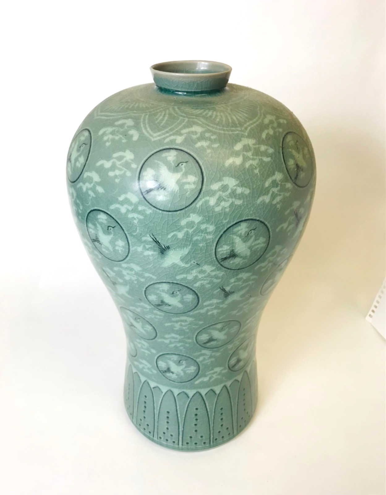 Korean Celadon Vase Featuring Inlaid Crane and Cloud Motifs 15" Tall- Blue Green