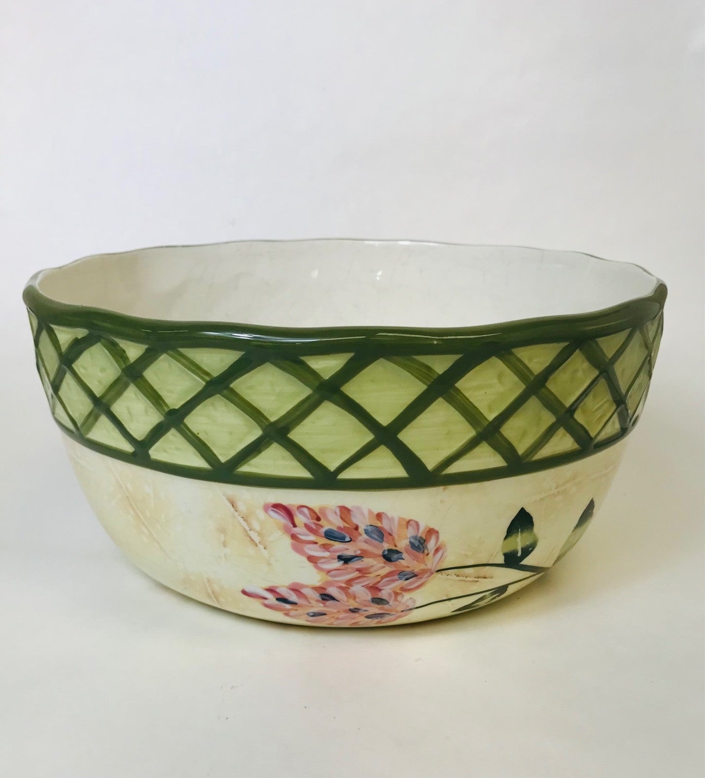 Earthenware Decorative Ceramic Serving Bowl 10.5" x 10.5" - Green Beige and Pink