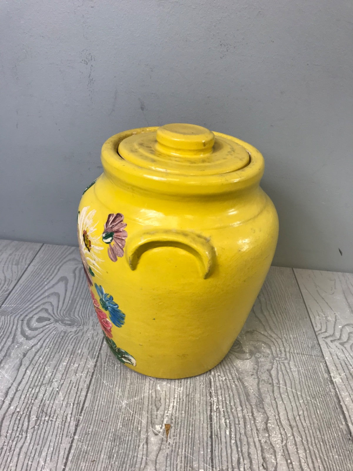 Ransburg Cookie Jar circa 1930s Hand-Painted Floral on Yellow Clean Vintage