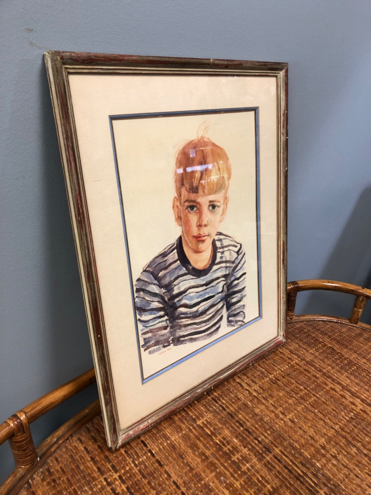 Watercolor Painting of Little Boy in Striped Shirt Painted by Florence Reed