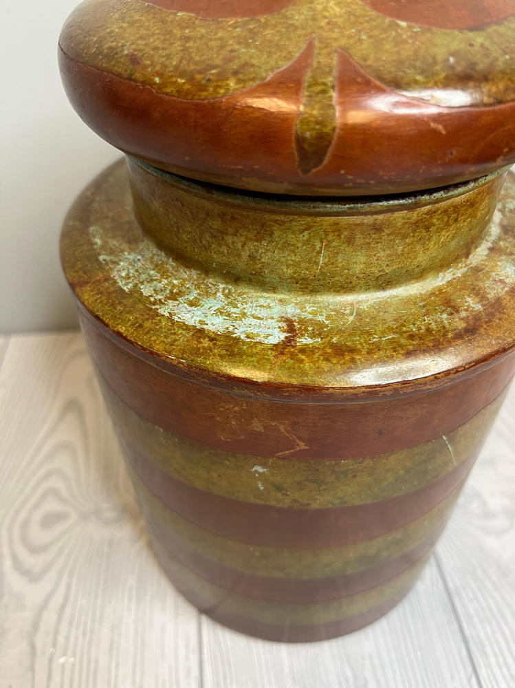 Pair of 70s Inspired Lidded Metal Cannisters Hand-Painted Green, Brown Storage