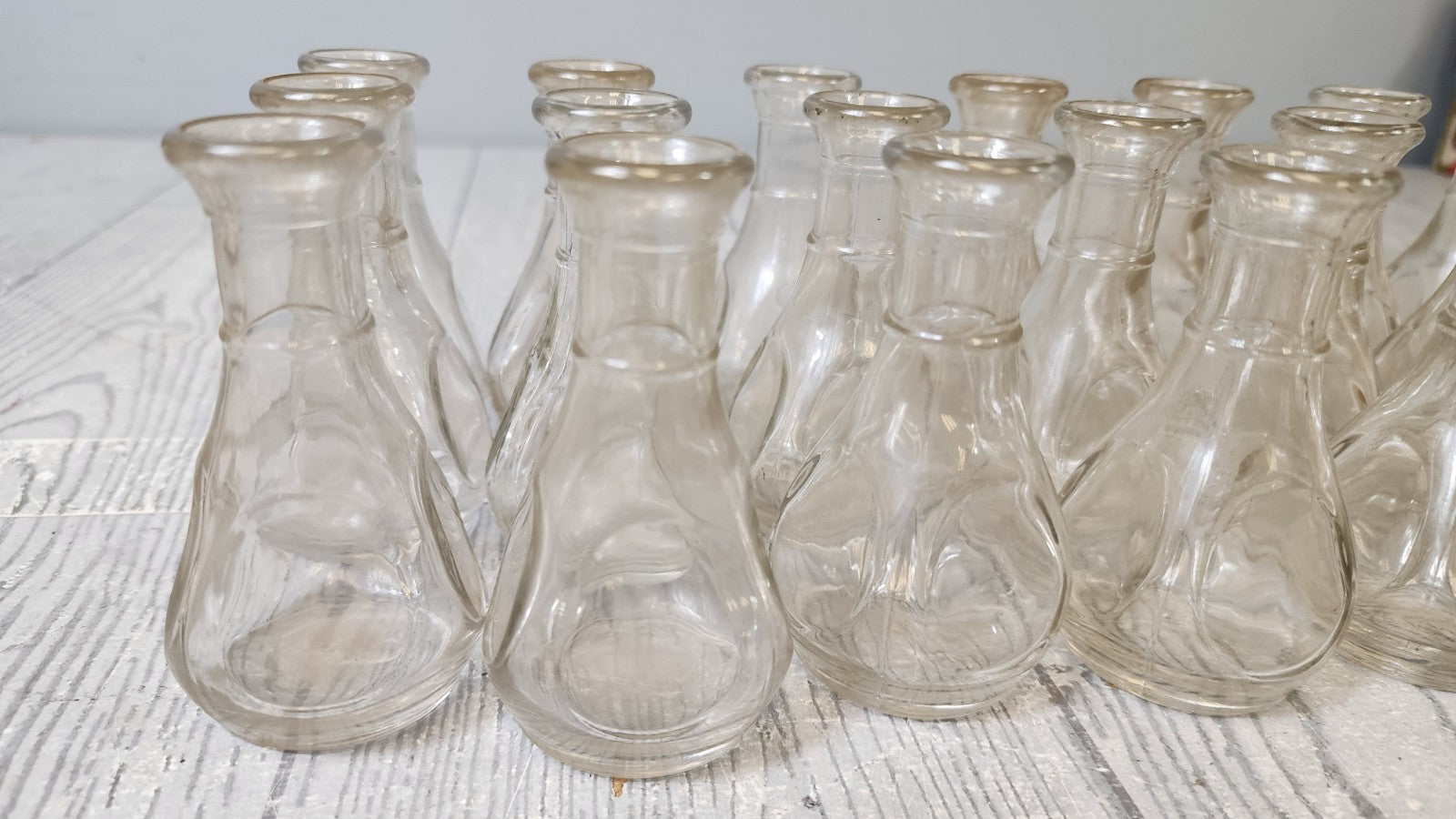 Vintage Lot of 20 Mini Clear Glass Libby Bottles/Bud Vases L Embossment