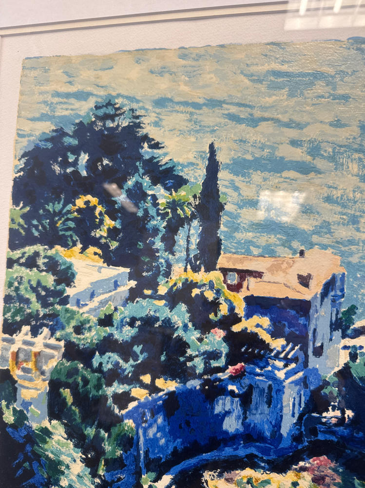 Signed Hazel Soan Terrace View 3 Sea Serigraph Painting in Gold Frame