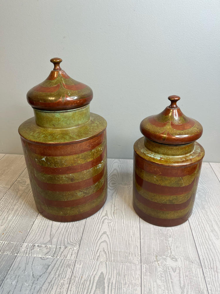 Pair of 70s Inspired Lidded Metal Cannisters Hand-Painted Green, Brown Storage