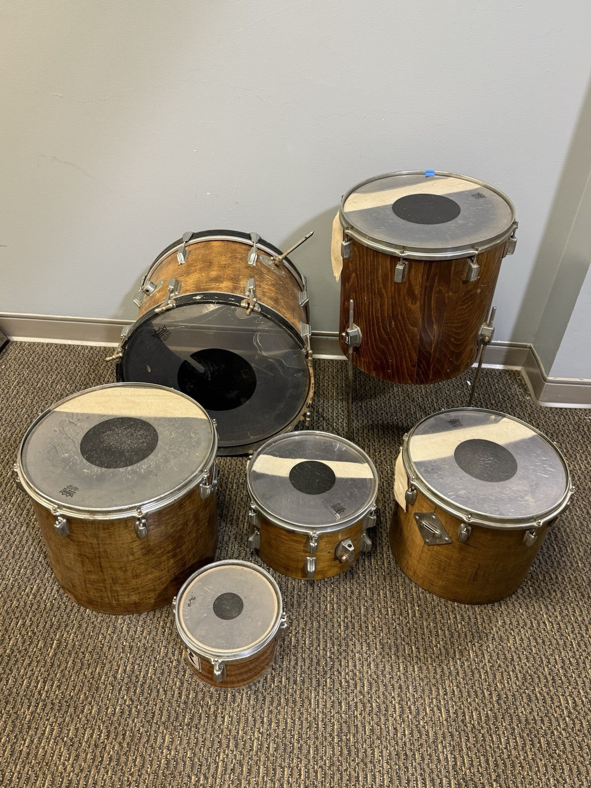Vintage 6-Piece Set of 70s Rogers "Big R" Drums Wood Butcher Block Finish
