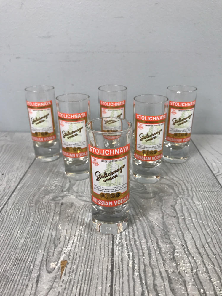 Set of 6 Stolichnaya Russian Vodka Tall Shooter Shot Glass - 4-1/8" Tall