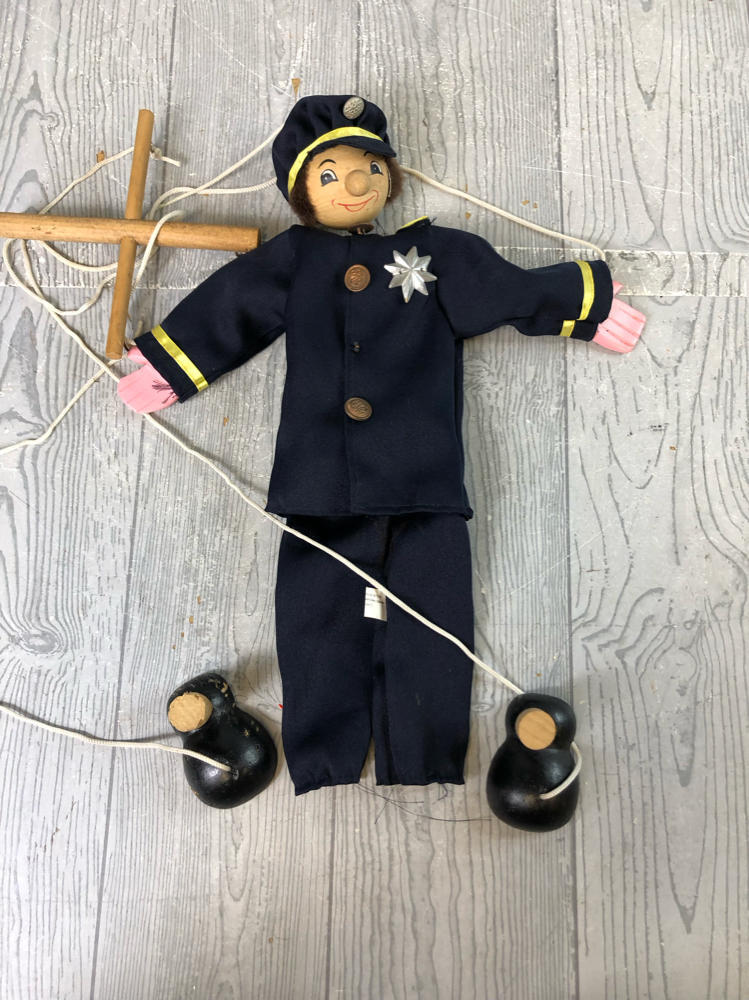 Vintage Tellon Standard Stringed Marionette Puppet in a Dark Blue Uniform
