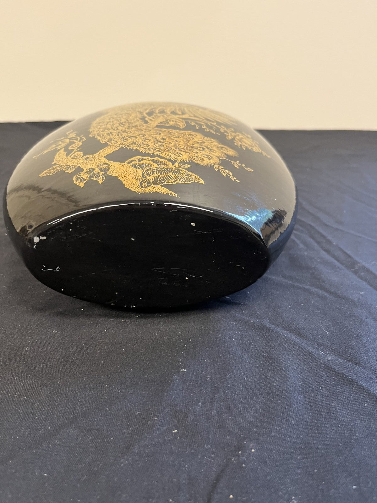 Vintage 80s Black and Gold Peacock Flat Oval Vase