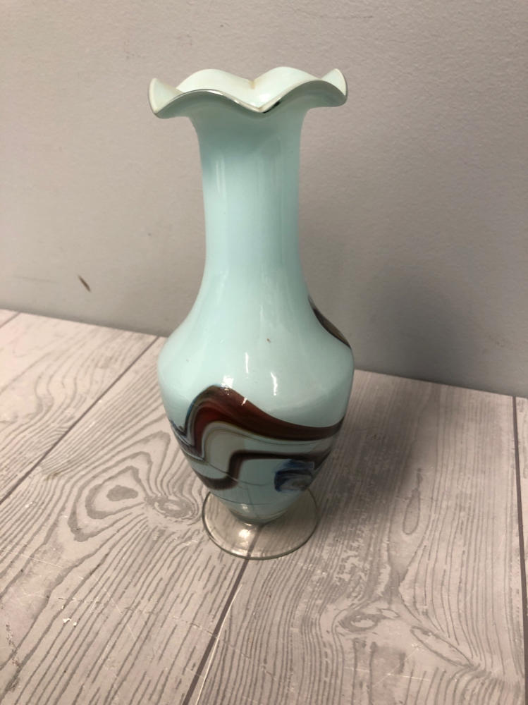 Vintage Light Blue Vase Dalian Glass Company Inspired Hand-Painted Scalloped Top