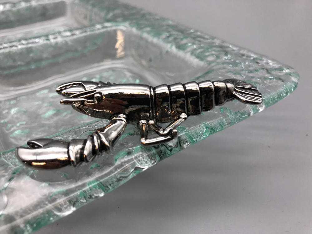 3 Section Bubble Sea Glass Serving Tray with Silver Lobster - Green Hues