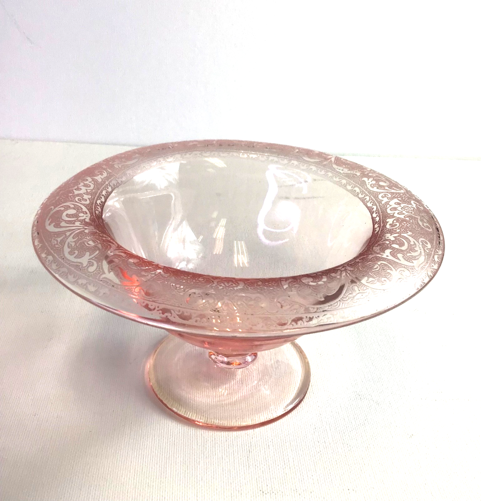 Vintage Pink Depression Glass Bowl on Pedestal with Delicate Etched Rim