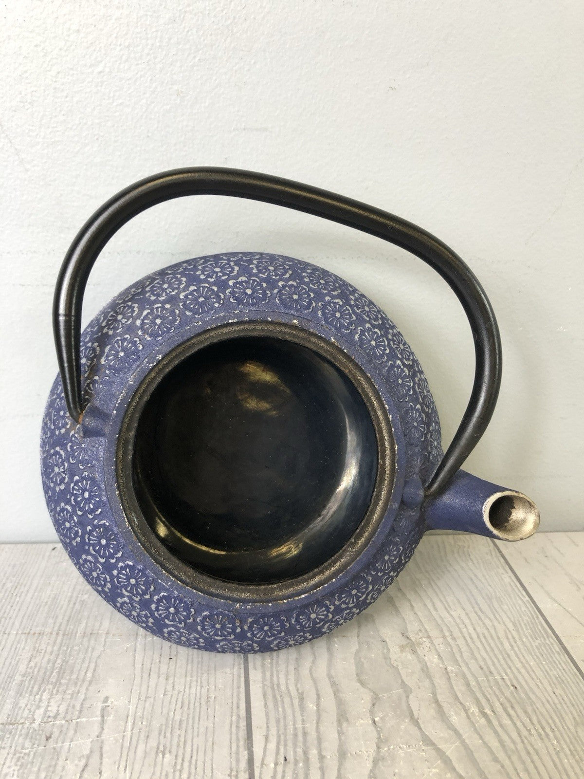 Cast Iron Ornamental Blue Teapot with Silver Flower Pattern and Black Handle