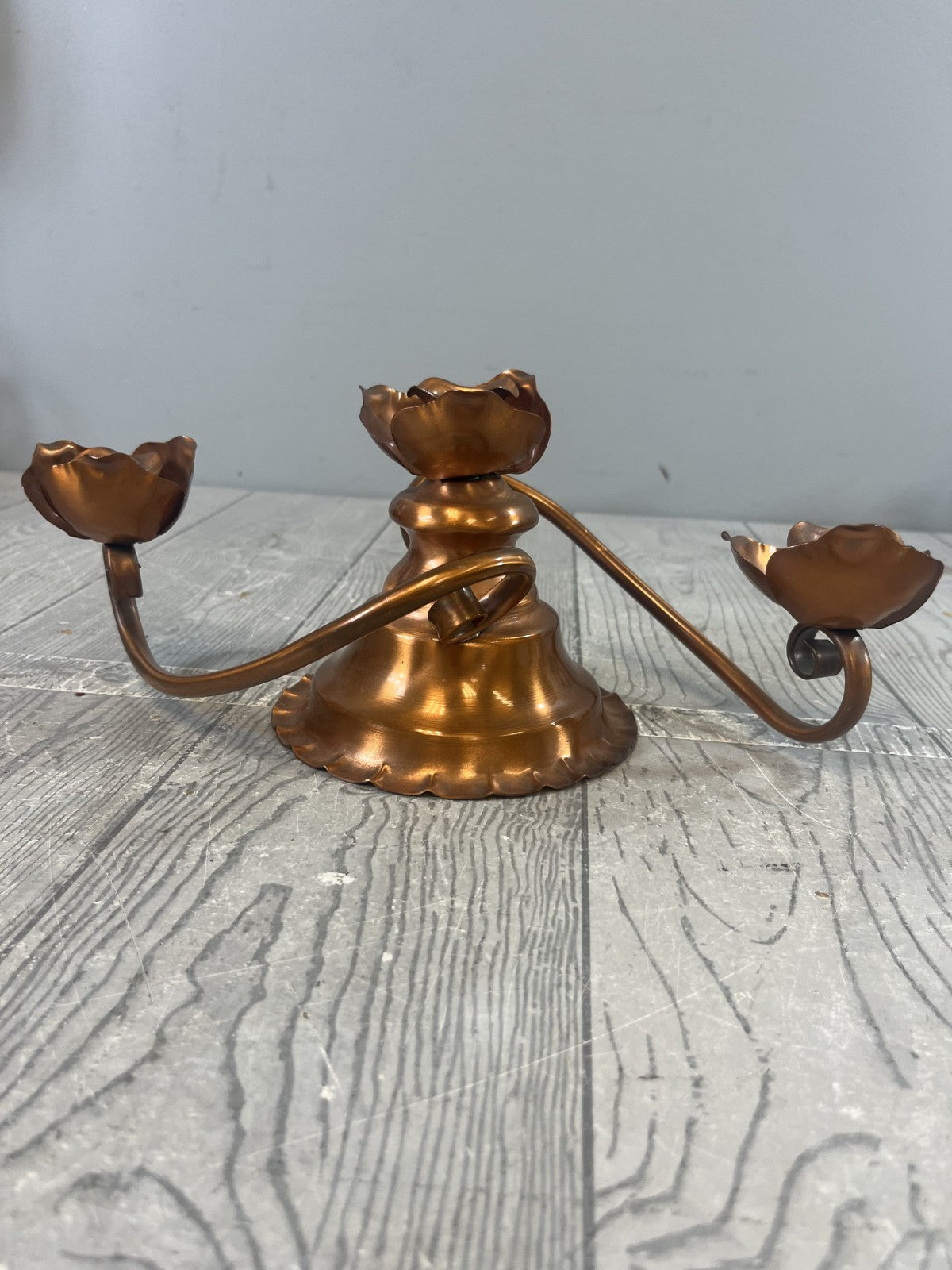 Georgian Copper Candelabra Twist 3 Candlestick Holder Rose Detail Stamped