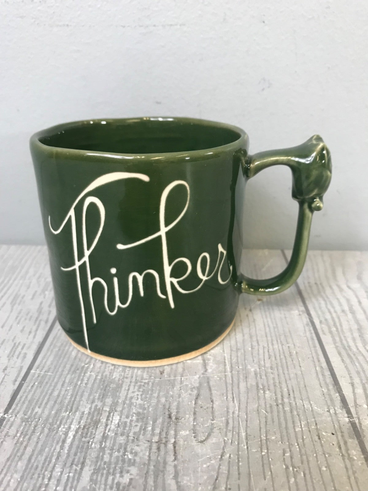 Green Anthropologie Visionary "Thinker" Mug - Green Mug With Owl on Handle