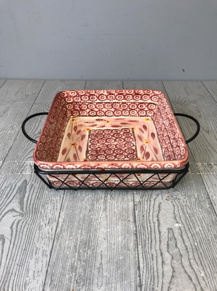 Temp-Tations Old World Cranberry 5 piece Square Baking Dishes w 3 Metal Stands