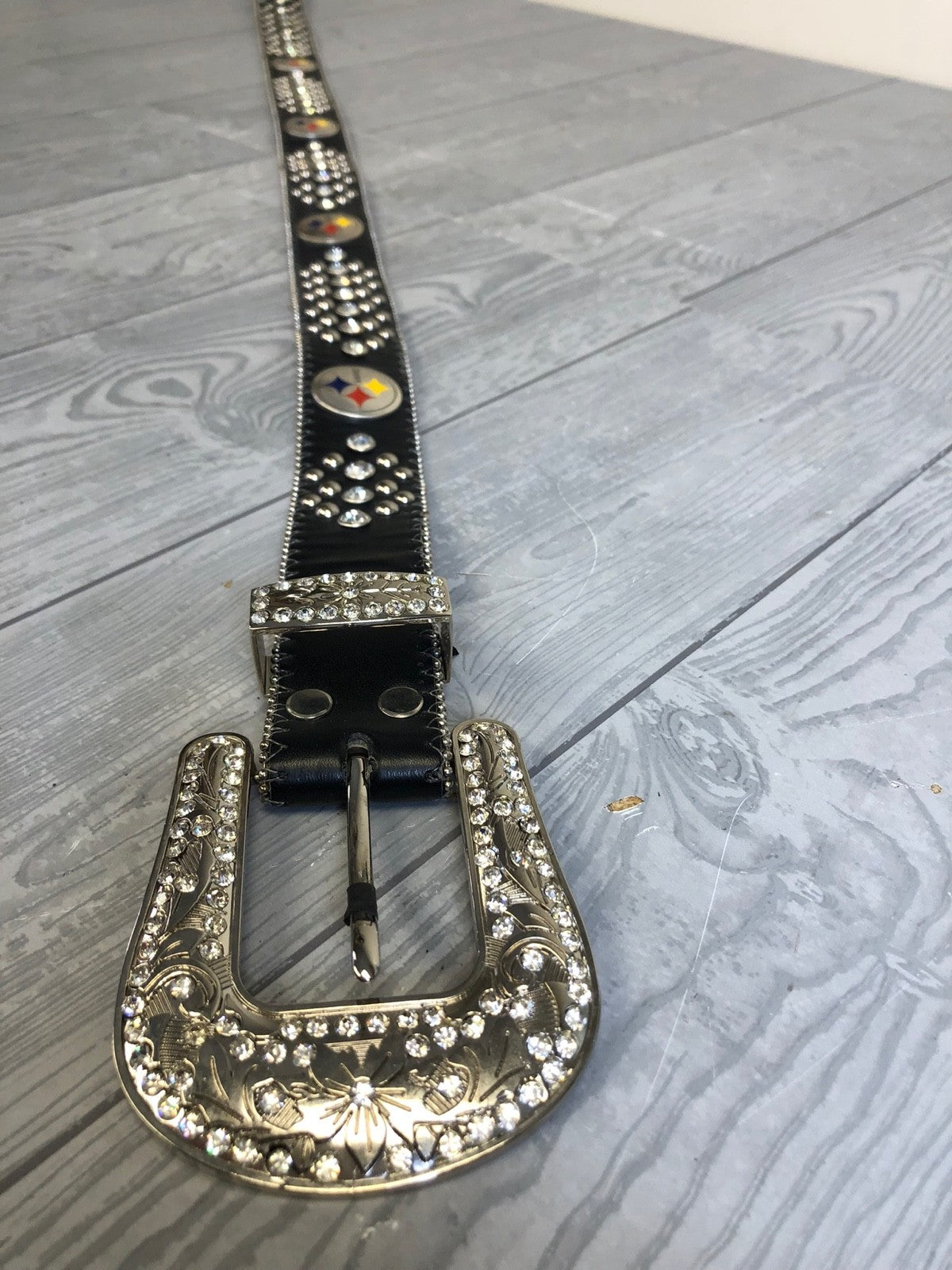 Pittsburgh Steelers Black NFL Leather Belt Rhinestone Bedazzled Bling Size Small