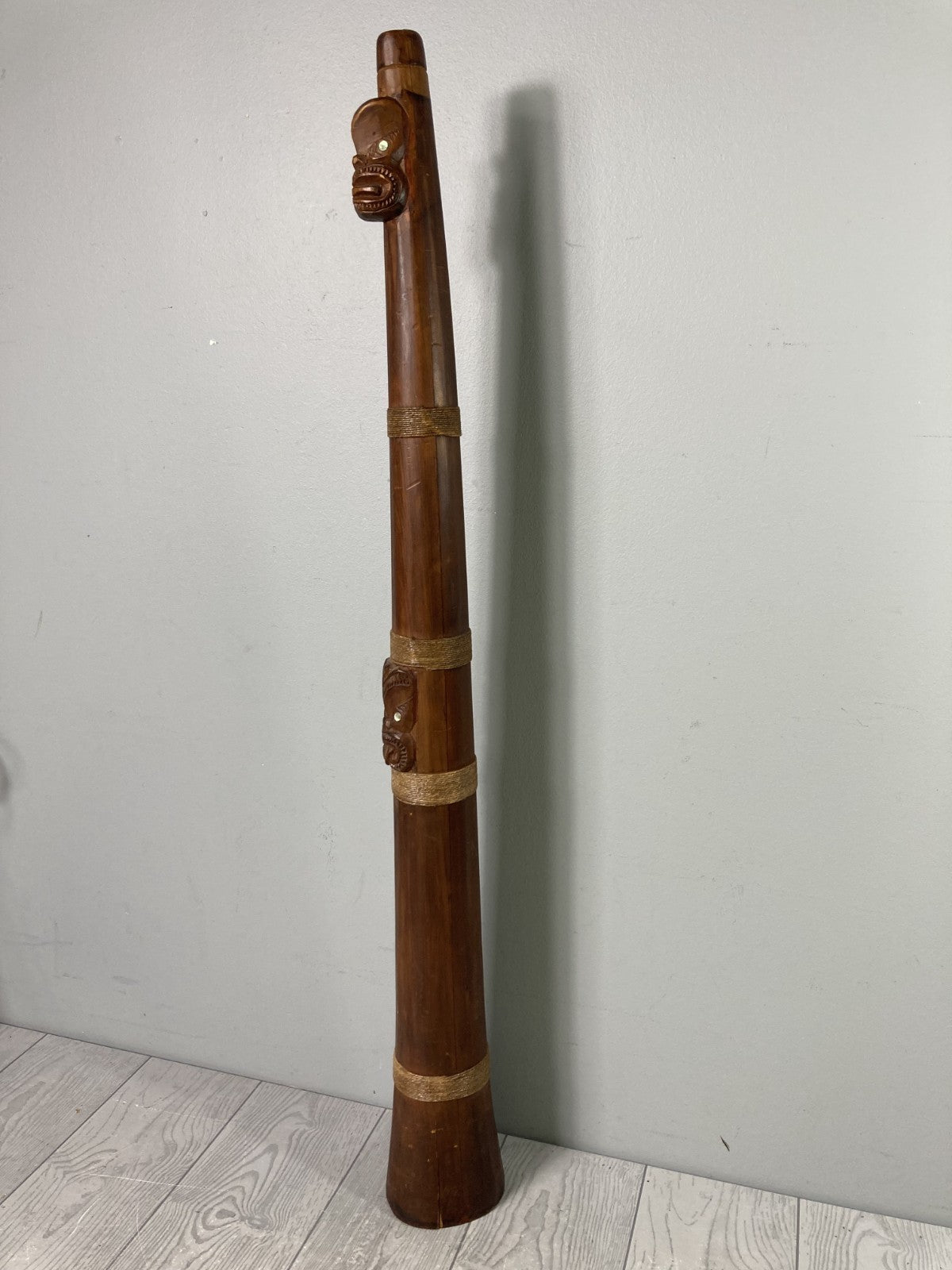 Decorative Tall Wooden Horn Shaped Polynesian Tribal Art Piece Mother of Pearl