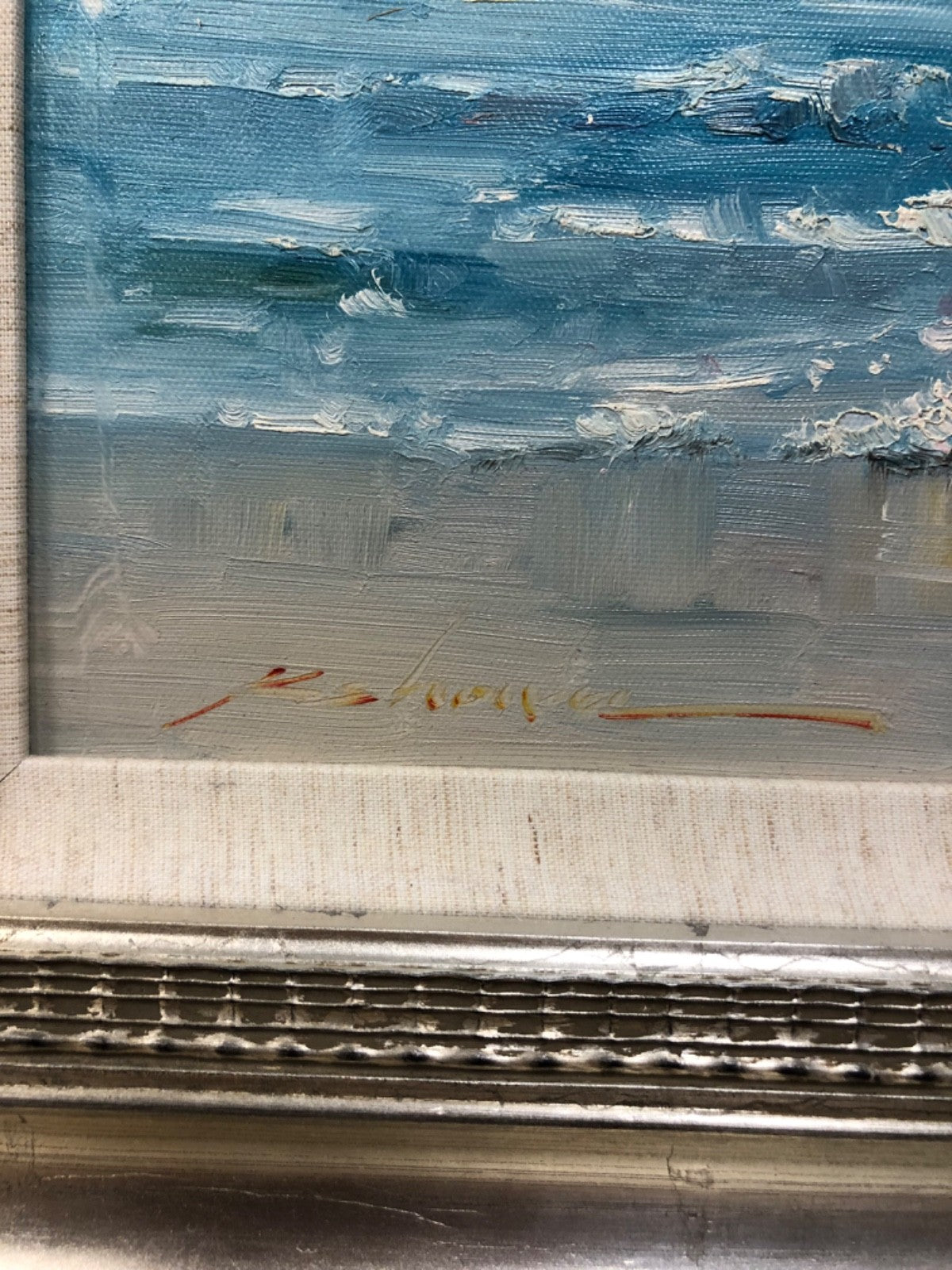 Acrylic Painting on Canvas of Two Chairs Under the Umbrella at the Beach- Signed