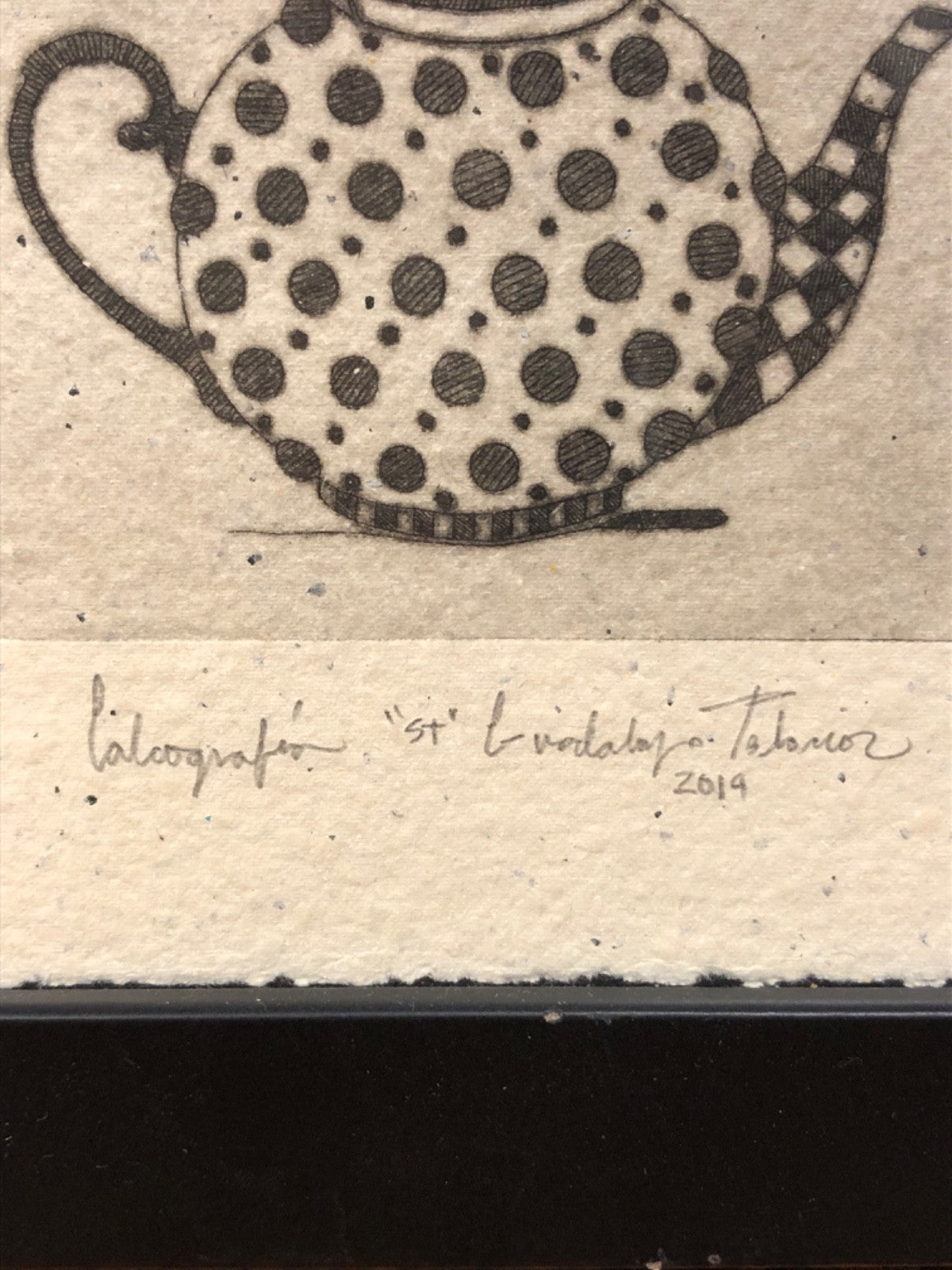 Pair of Cute Teapot and Teacup Drawings - Signed By Artist - Black Frames