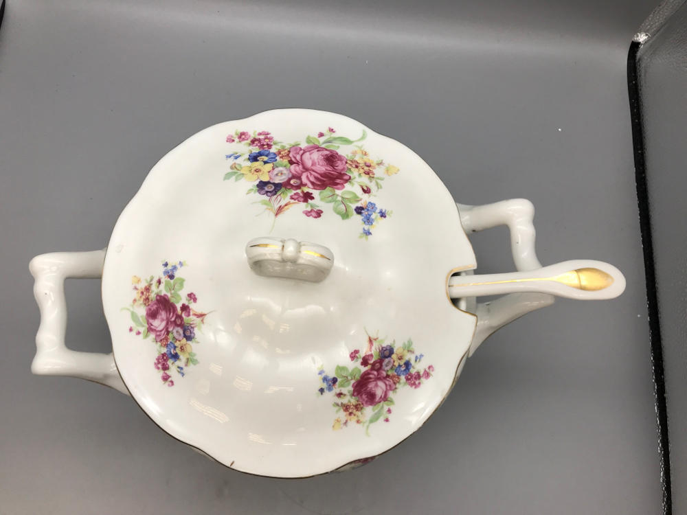 Favolina Poland Soup Tureen with Ladle - White w/ Floral Designs and Gold Trim