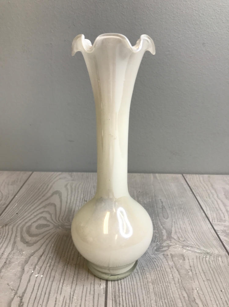 Vintage White Opalescent Glass Vase with Ruffle Edge Bulbous Body Home Decor