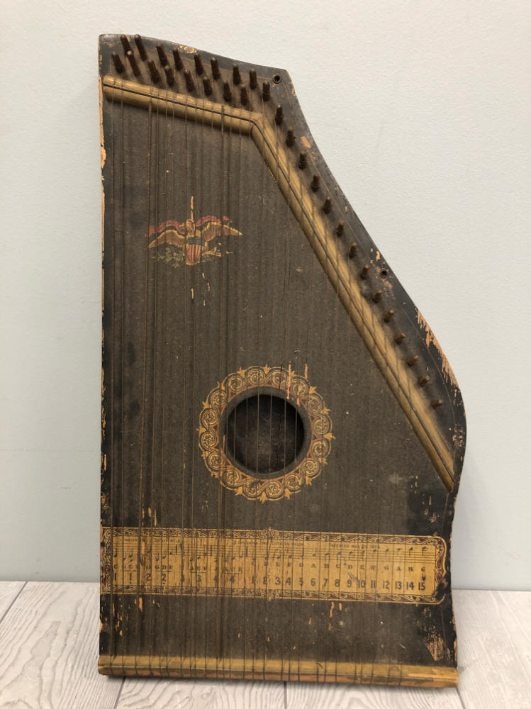 OLD VINTAGE WOOD-WOODEN LAP HARP MUSIC LAP INSTRUMENT - Bird Engraving