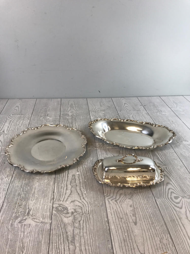 Vintage International Silver Plate Metal Kitchen Dishes- 2 Trays & 1 Butter Tray