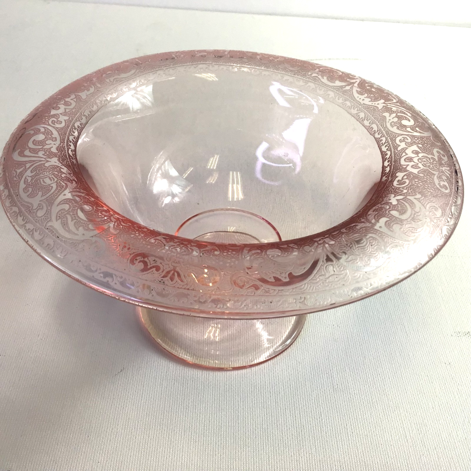 Vintage Pink Depression Glass Bowl on Pedestal with Delicate Etched Rim