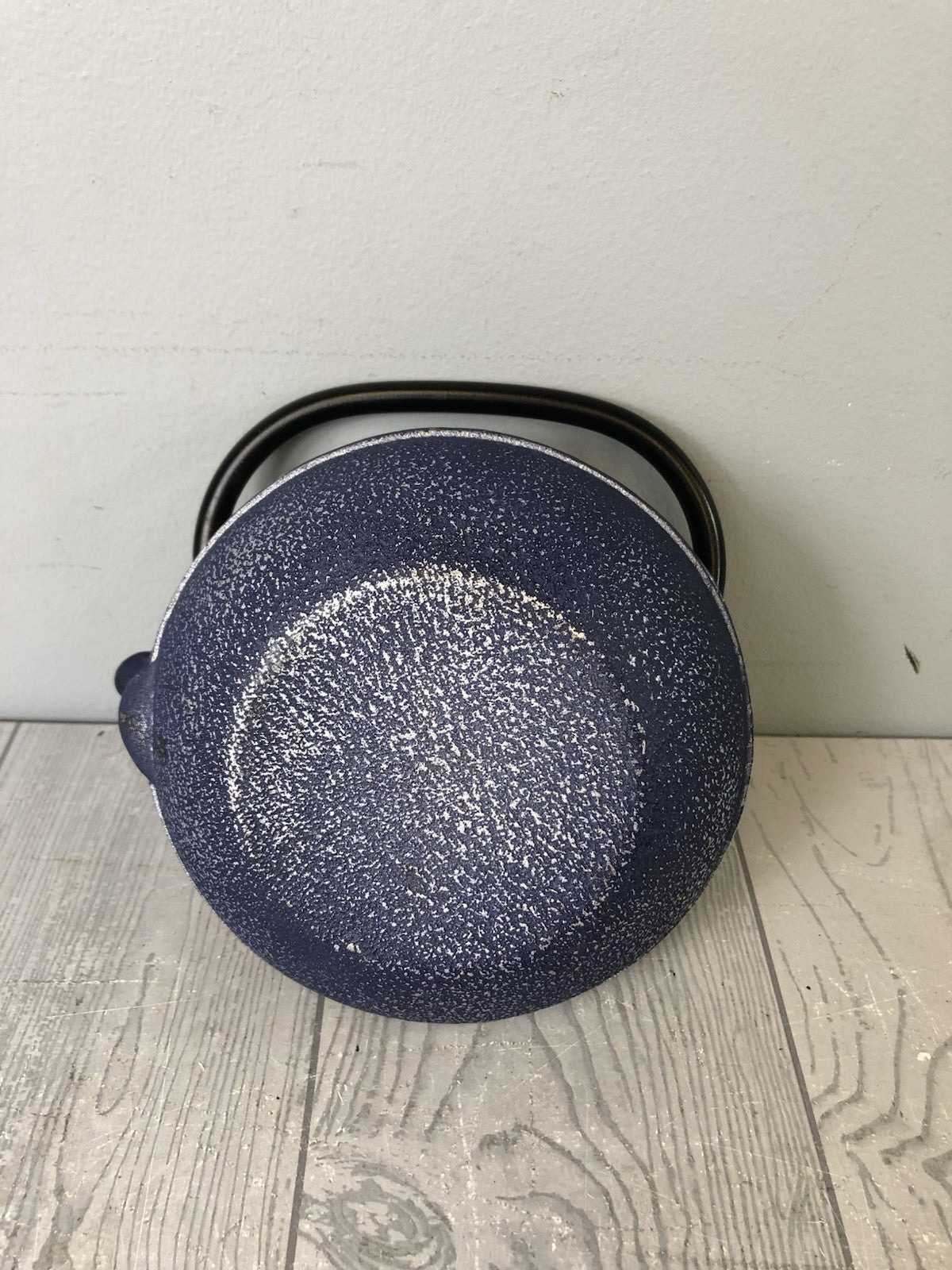Cast Iron Ornamental Blue Teapot with Silver Flower Pattern and Black Handle