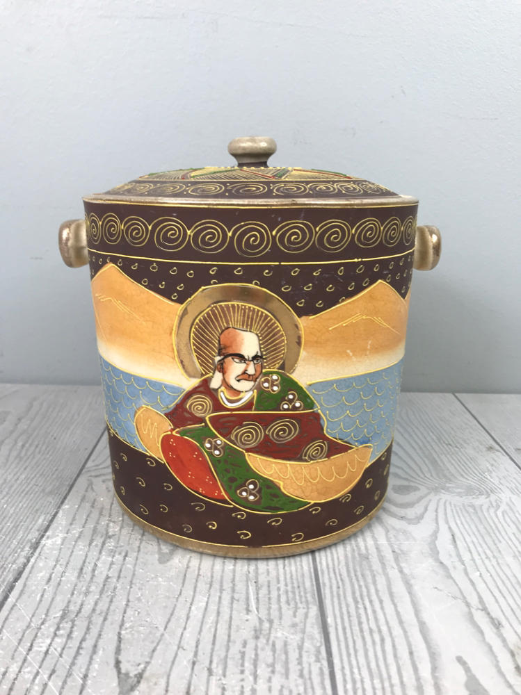 Antique Japanese Pottery Container - Rustic Chinoiserie Folk Hand Painted Jar