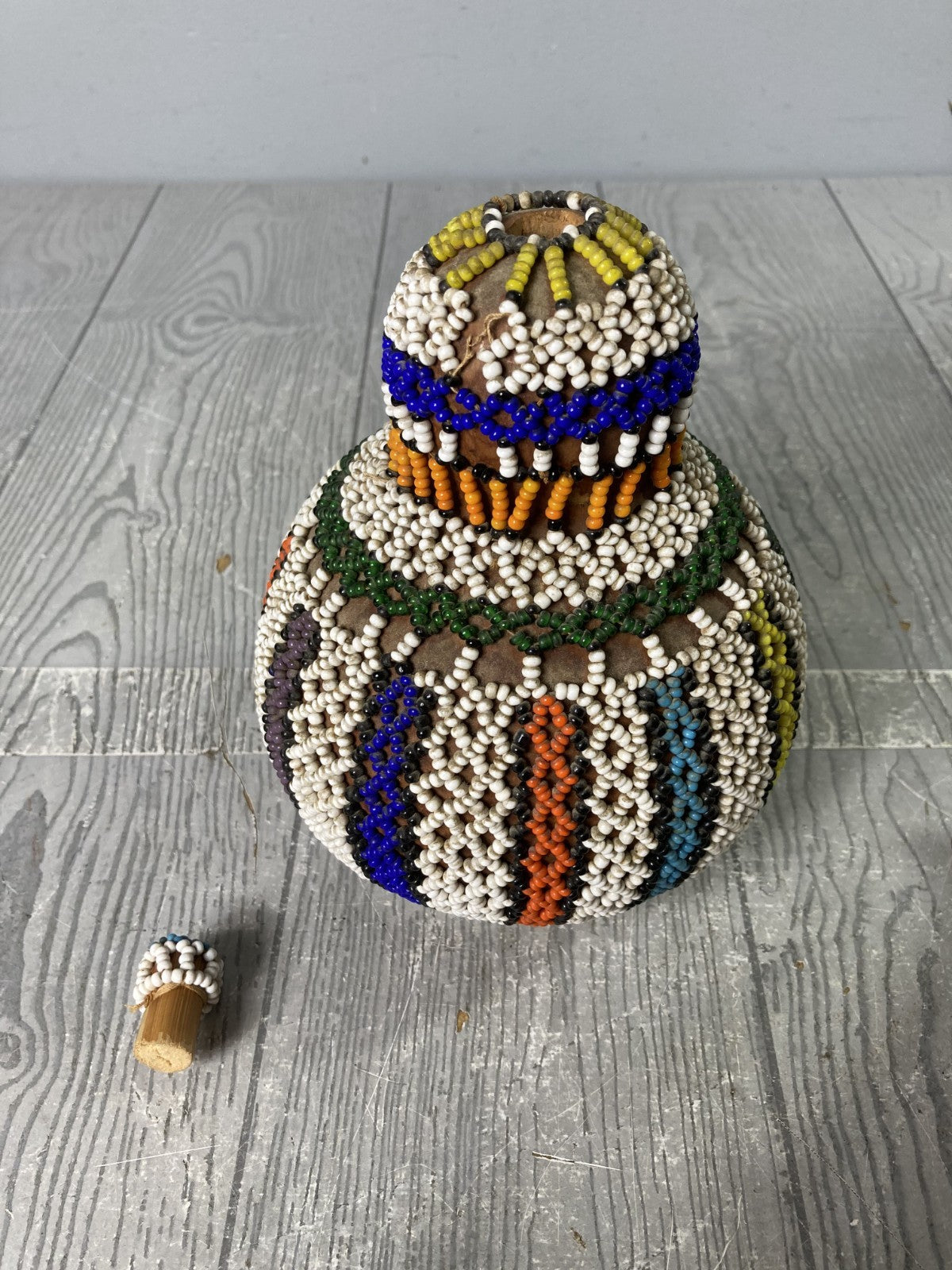 African Zulu Beaded Snuff Gourd Tribal Art & Decor with Elaborate Beadwork